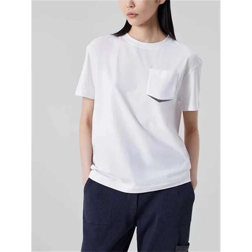 Women's T-Shirt Beaded Pocket Short Sleeve Female Fashion Versatile Tshirt Round Neck Top 2025 Summer