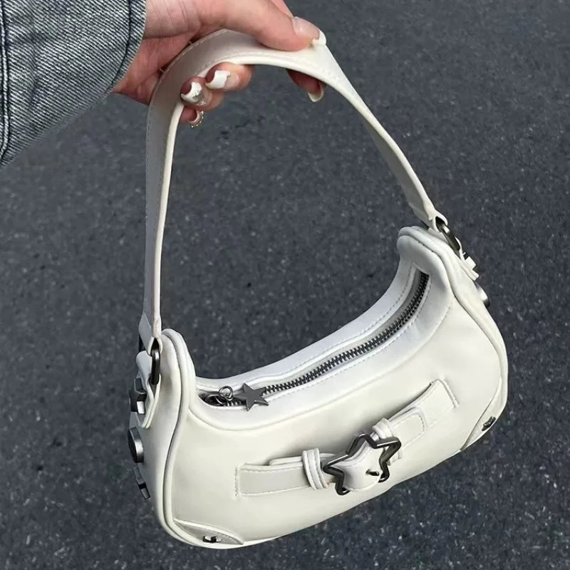 Vintage Korean Casual Cute White Star Shoulder Underarm Tote Bag Ladies Sling Bags Leather Zip Purses Handbags For Women 250228