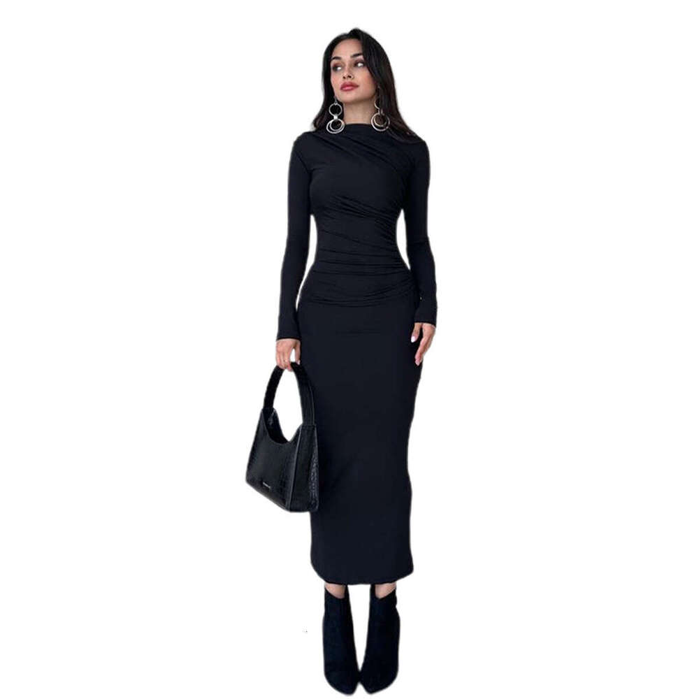 2024 Spring and Autumn New Slim Fit, Advanced Sense, Solid Color, Elegance, Long Style, Wrapped Hip Dress for Women