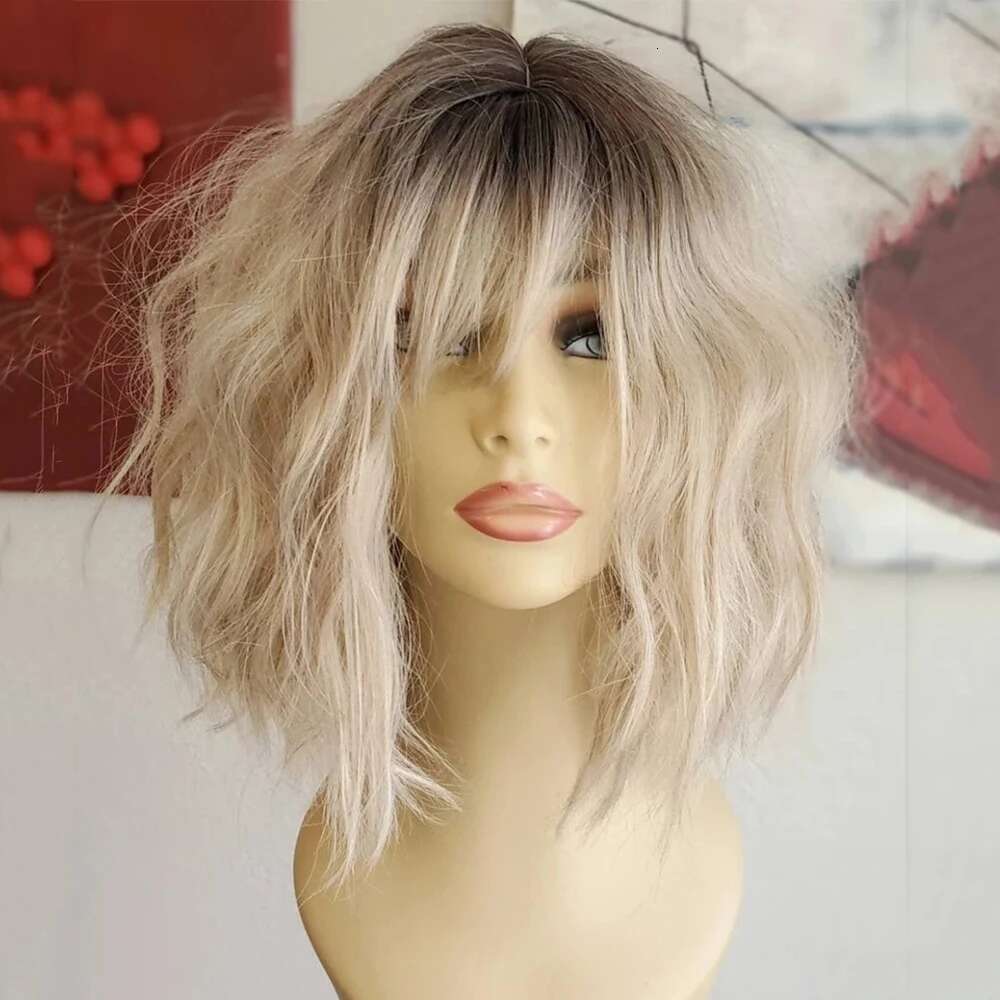 Rooted Blonde Bob With Bangs Heat Resistant Fiber Highlighted Fringe Wavy Synthetic Lace Front Wig For Women Daily Use
