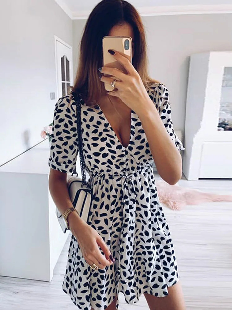 White Sand Spot Mini Summer Dresse V Neck Casual Beach Sundress Sexy Botton Wrap Bodycon Dress Female 250227Z