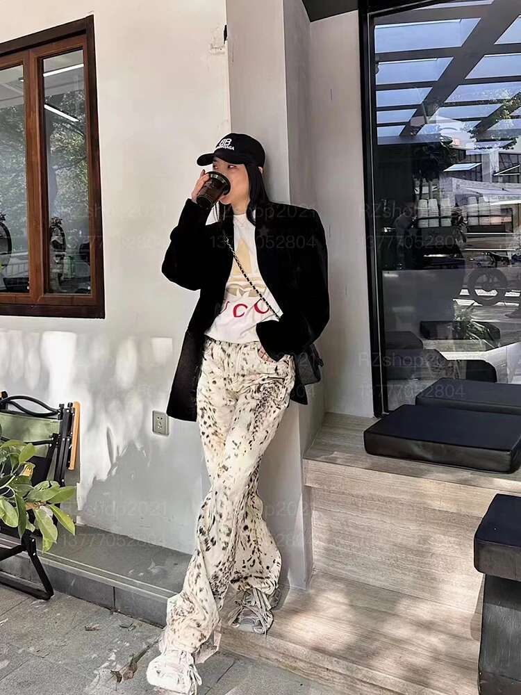 Baggy Wide Leg Women Waisted Retro Leopard Print Straight Jeans High Street Streetwear Y2k Vintage Denim Trousers