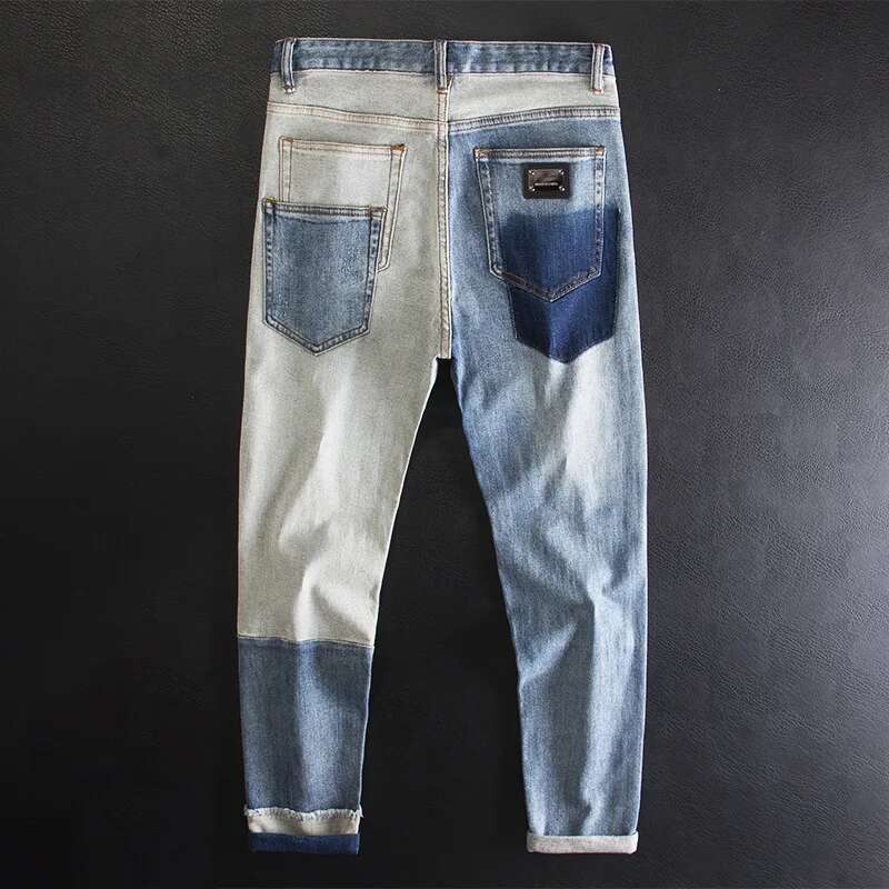 Ripped Patch Jeans For Men, Light Blue, High-End Fashion Design, Patchwork Slim Fit Straight Pants