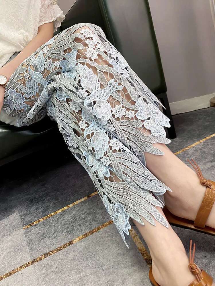 Choose According To Size Chart Hollow Out Lace Panel Wide High Waist Blue Jeans Women's Summer Straight Leg Pants