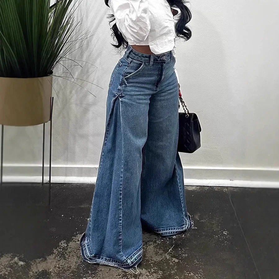 Vintage American Style Wide Leg Jeans Spliced Floor Length Bell Bottom Pants FringebellBottom For Men And Women 250227