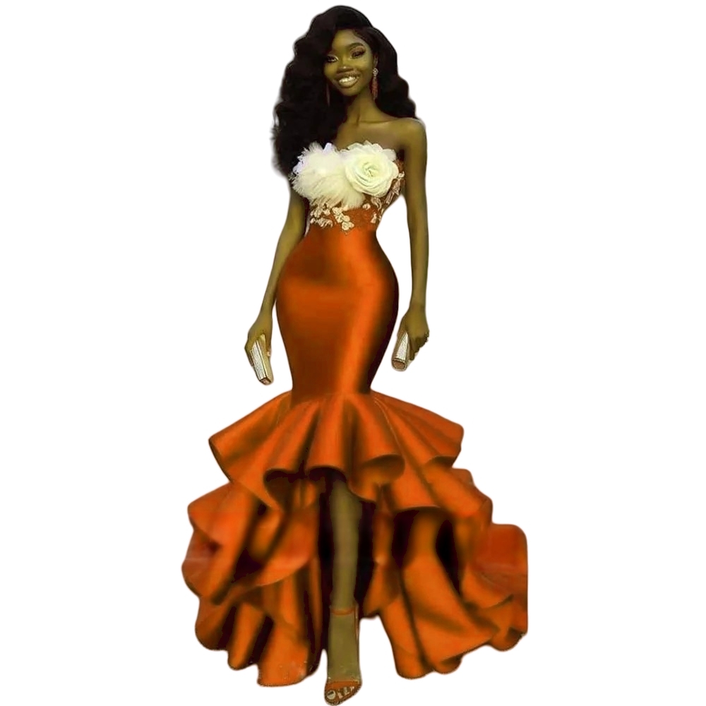 Chic High Low Red Mermaid Prom Dresses With Hand Made Flowers Appliques Strapless Corset Evening Gowns African Black Girls Pageant party Dress