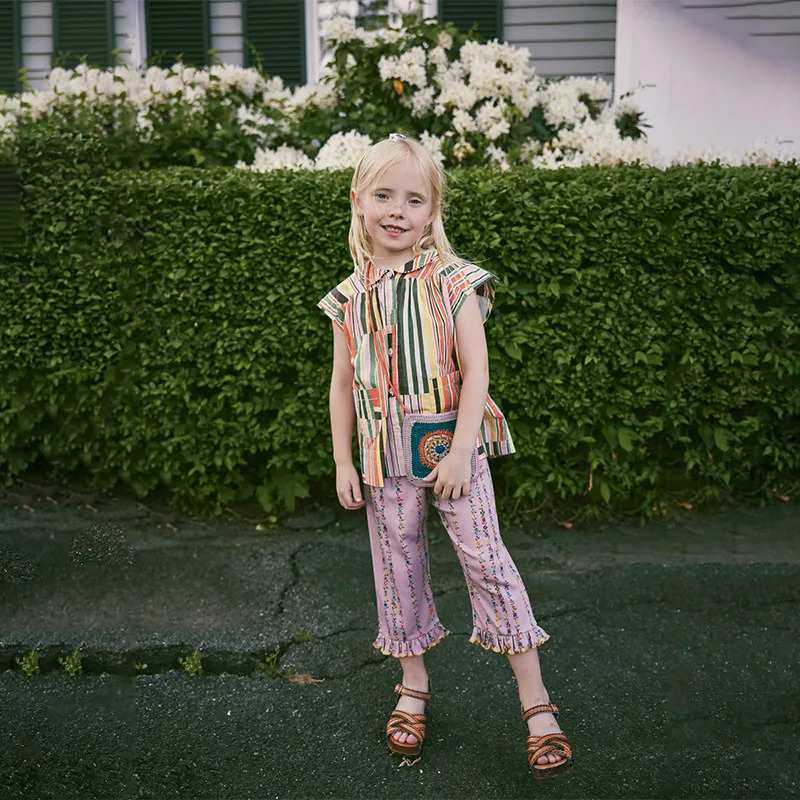 Childrens T-shirt summer MP country style girl tied to bow top girl popcorn underwear 250304