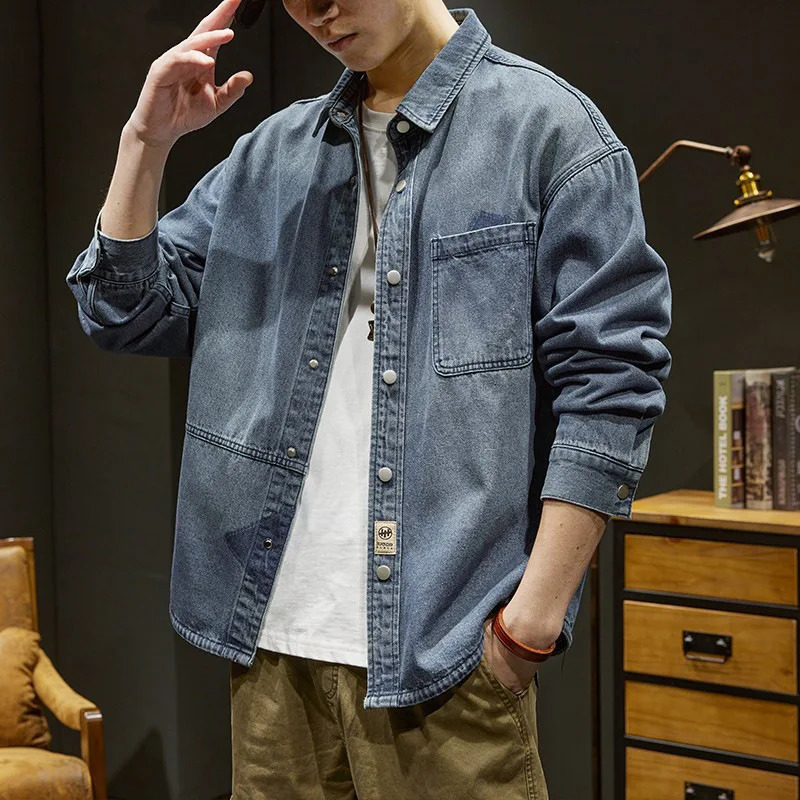 Spring jacket mens denim shirt long sleeved lapel mens casual shirt retro mens clothing denim multi pocket 250228