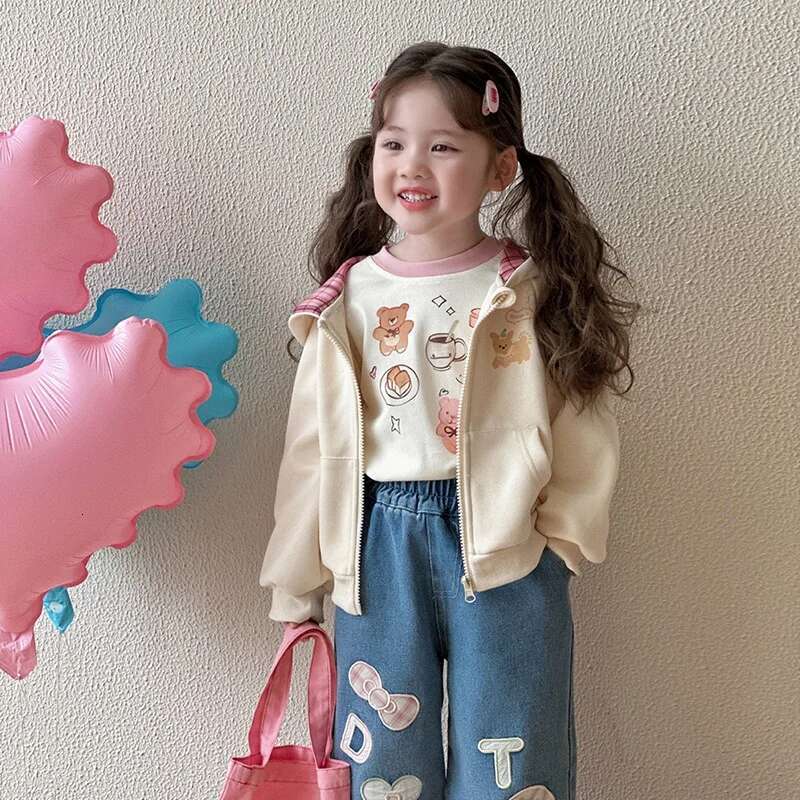 Ddmyshoesvip Spring Infant Baby Girls Jackets Cotton Cartoon Pattern Children Coat Loose Pink Plaid Hooded Zipper Little Girl Coats