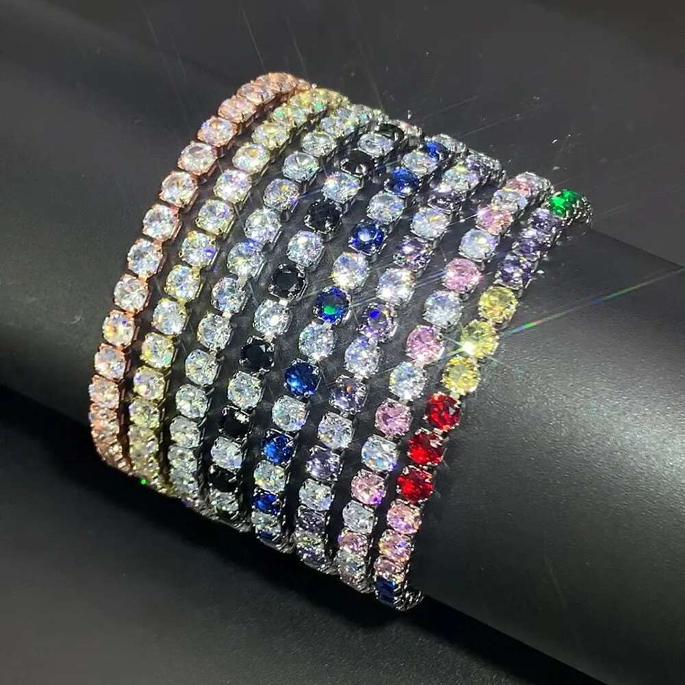 Colorful Zircon Tennis Bracelet Bangle for Women Sier Color 4mm Rainbow Crystal Hand Chain Jewelry Friend Gifts H027-M
