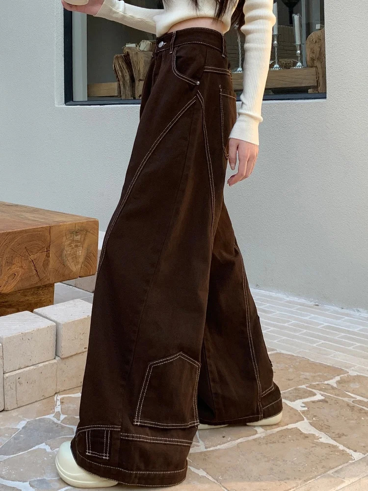 2024 Hosen Y2K Fashion Vintage Brown Baggy Jeans Pants For Women Clothes Wide Leg Lady Long Trousers Clothing 250227