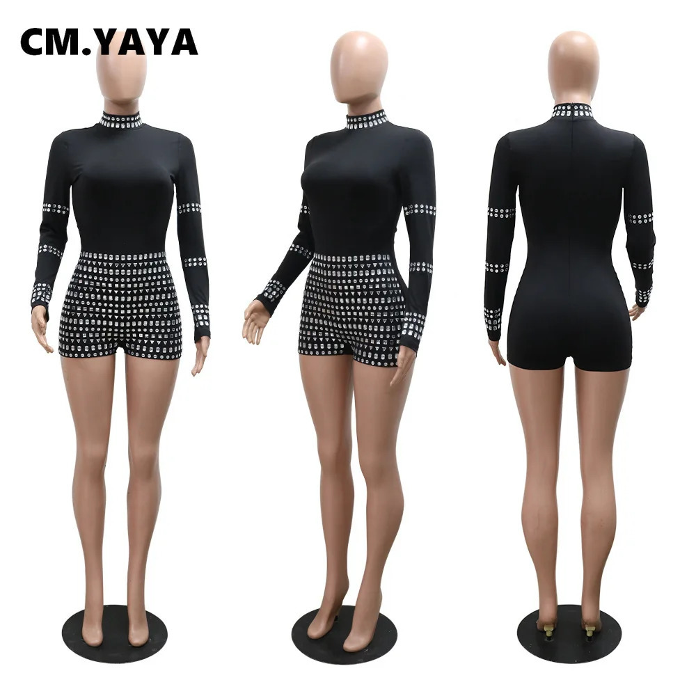 CM.YAYA Women Diamonds Rhinestones Long Sleeve Short Jumpsuits Summer Sexy Party Club One Piece Suit Rompers Playsuits 250303
