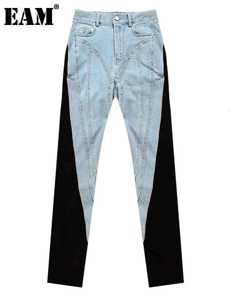 EAM High Waist Blue Color-Block Pockets Long Pencil Jeans New Loose Women Trousers Fashion Tide Spring Autumn 2025 Wt05205