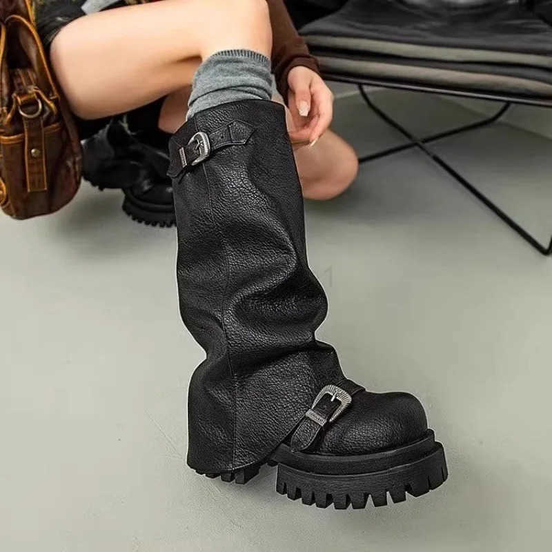 Platform Chunky Wen High Boots Fad Buckle Leather Mid H Shoes 2025 Trend Designer Knee High Mortorcycle Winter Botas Mujer Z250304