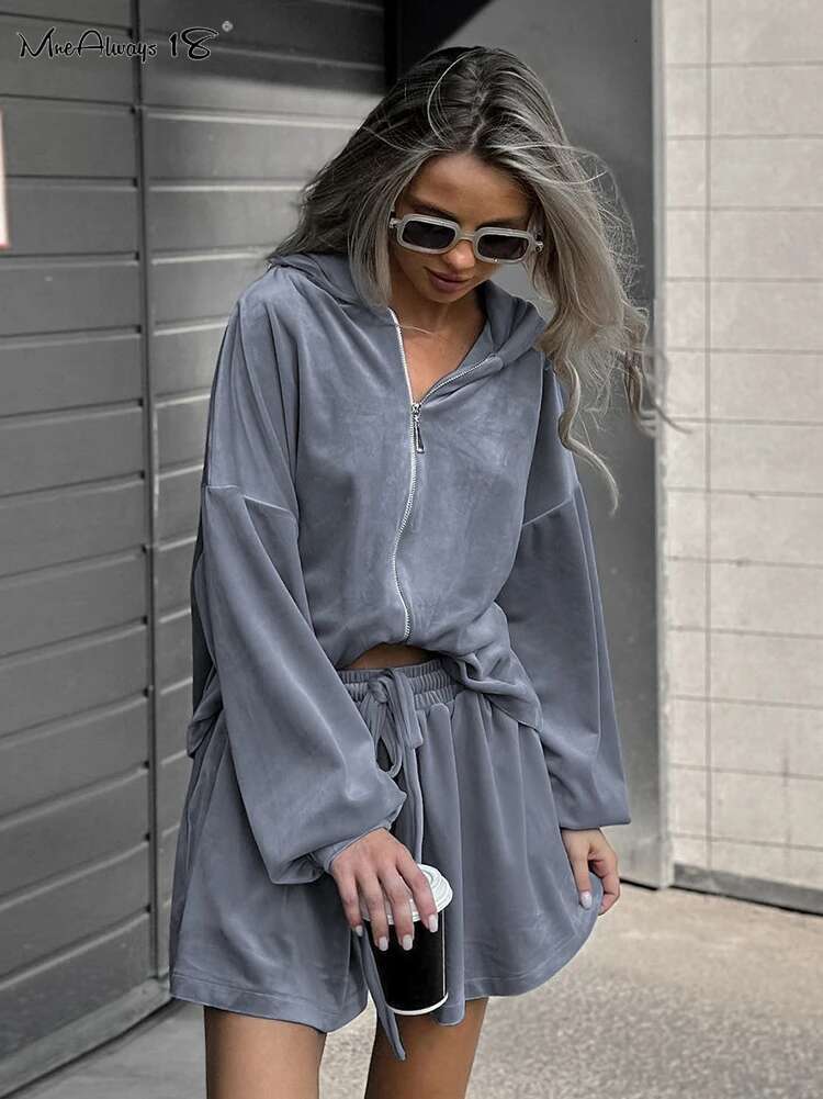 Blue Sporty Women Knitwear Sets Autumn Sweater Hooded And Drawstring Shorts 2 Pieces Suits Knitting Suit