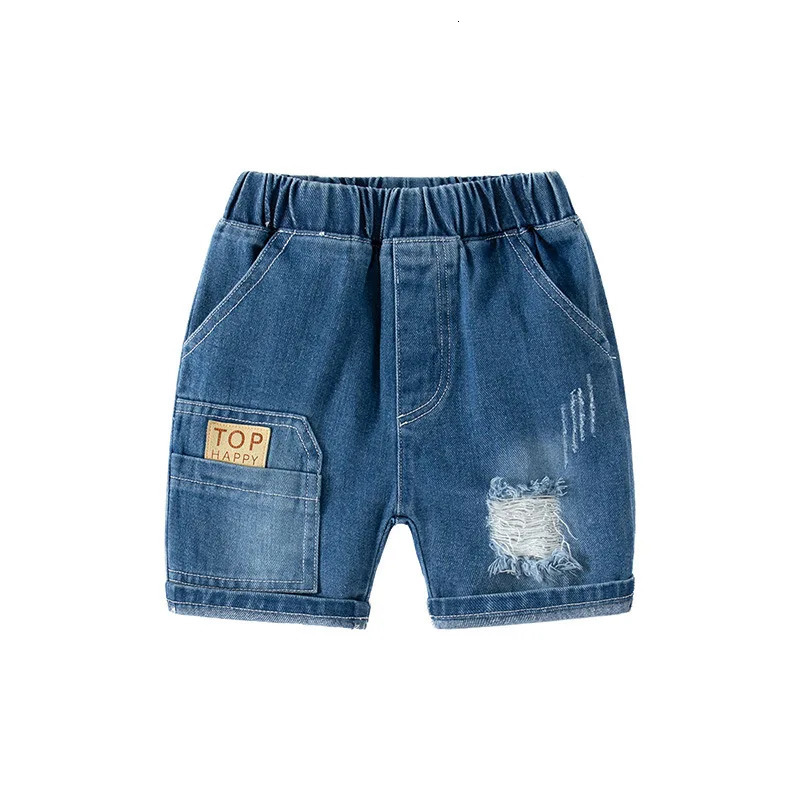 Summer Boys Fashionable Ripped Jeans Children Casual Letter Shorts 28Years Kids Elastic Waistband Denim 250303