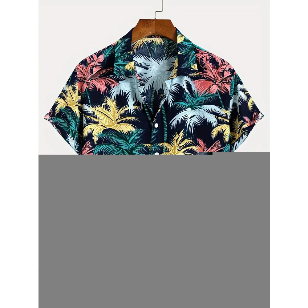 Tropical Coconut Tree Pattern Mens Short Sleeve Button Down Lapel Shirt for Summer Resort Holiday Hawaiian Style Oversized Tops 250227