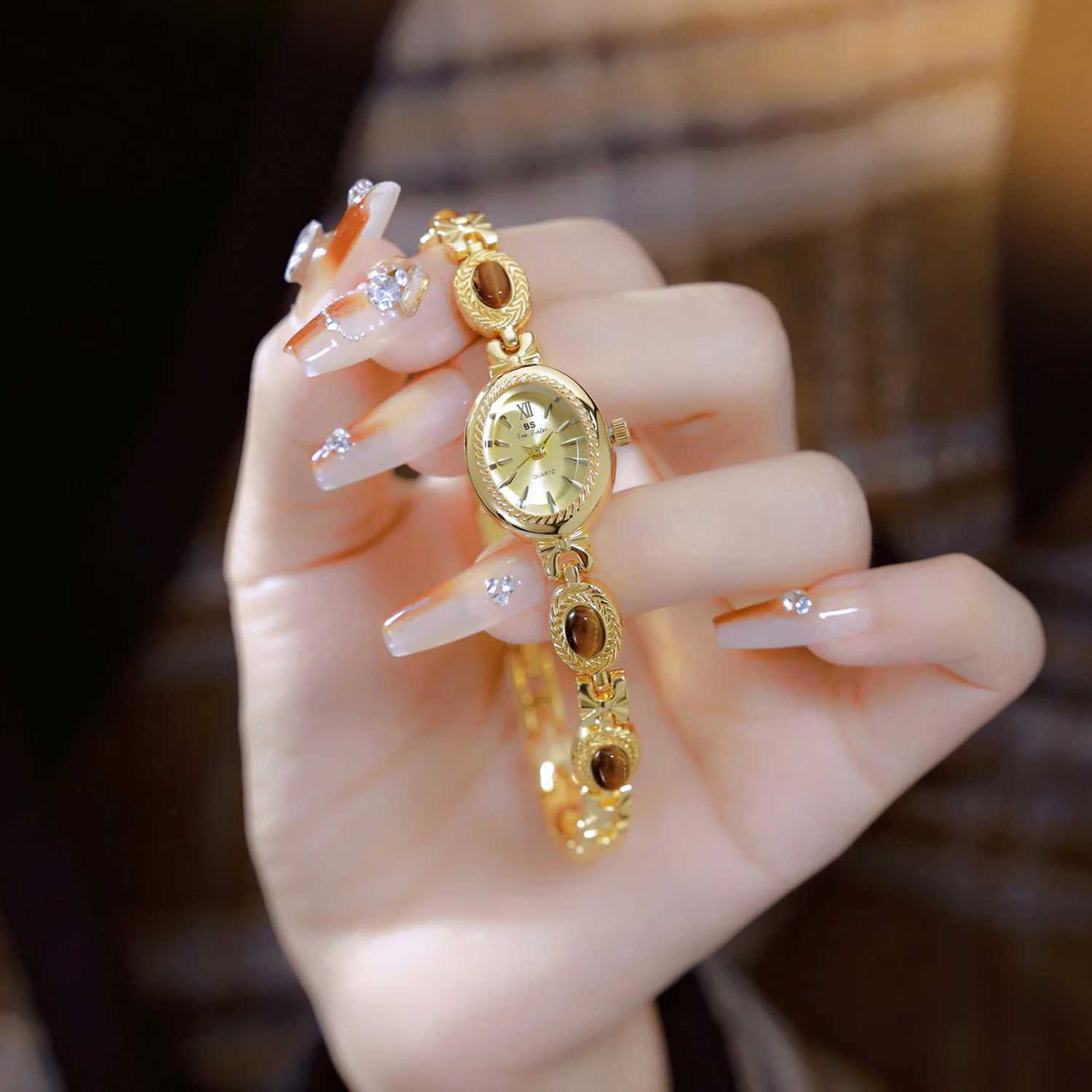 High-End Luxury Women Fashionable Retro Oval Quartz Ladies Drs Natural Jade Gold Bracelet Wrist Small DialXJ250304