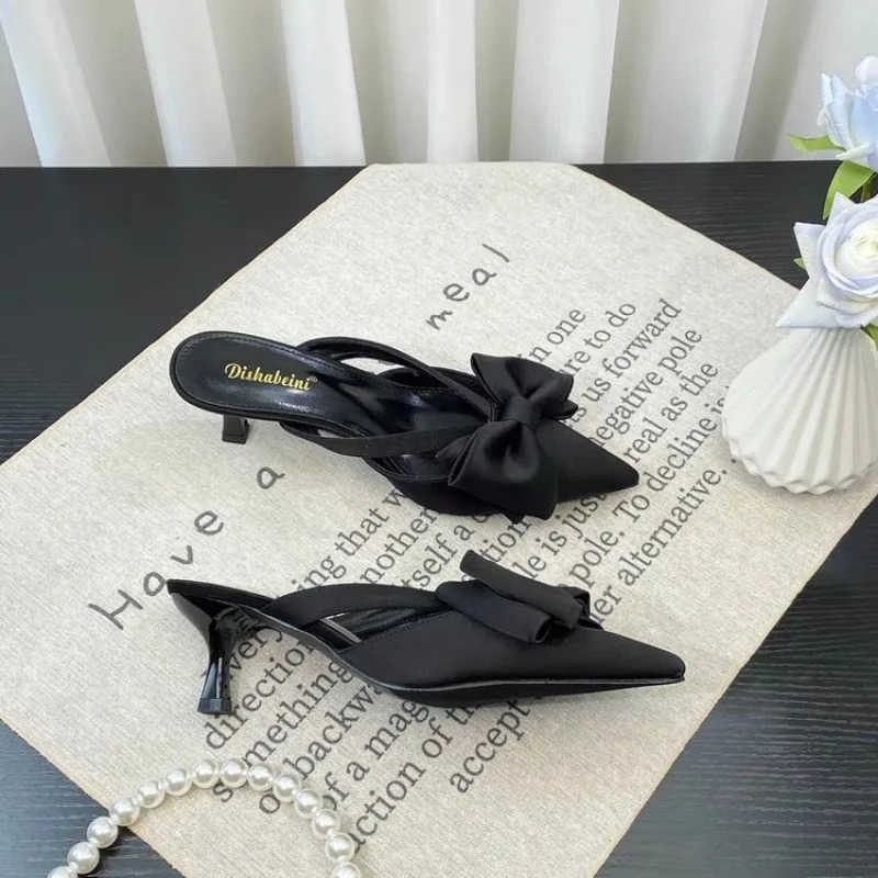 Fairy Style Cool Slippers for Wens Summer 2024 French Pointed Bow Hollow High H Half Wrapped Wens Slippers Z250304