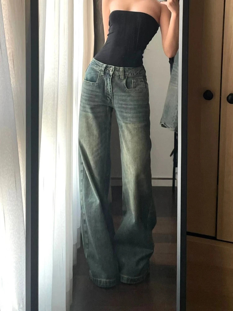 HOUZHOU Y2k Vintage Baggy Jeans for Women Washed Casual High Waist Loose Denim Pants Streetwear Korean Wide Leg Jeans Trousers 250228