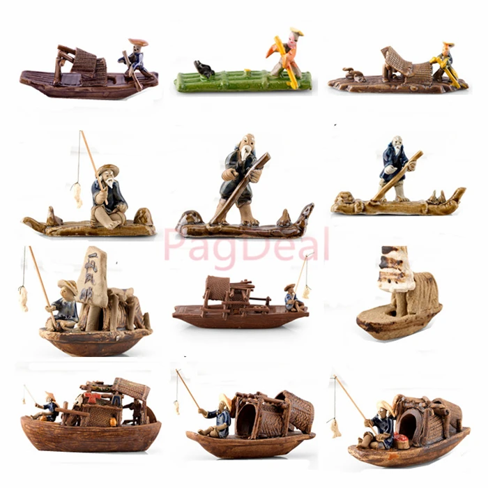 Hotsale Garden Pot Aquarium Fish Tank Boat Fishman Ceramic Figurine Craft Landscape Plant Fairy Chinoiserie Decor Ornament