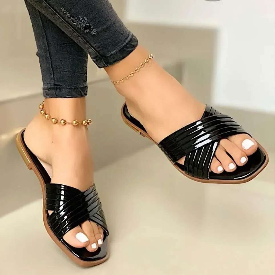 Cross Slippers Metal Women Flat Outdoor Beach Flip ps Female Sandals Trend Brand Shoes Woman gold color sandals
