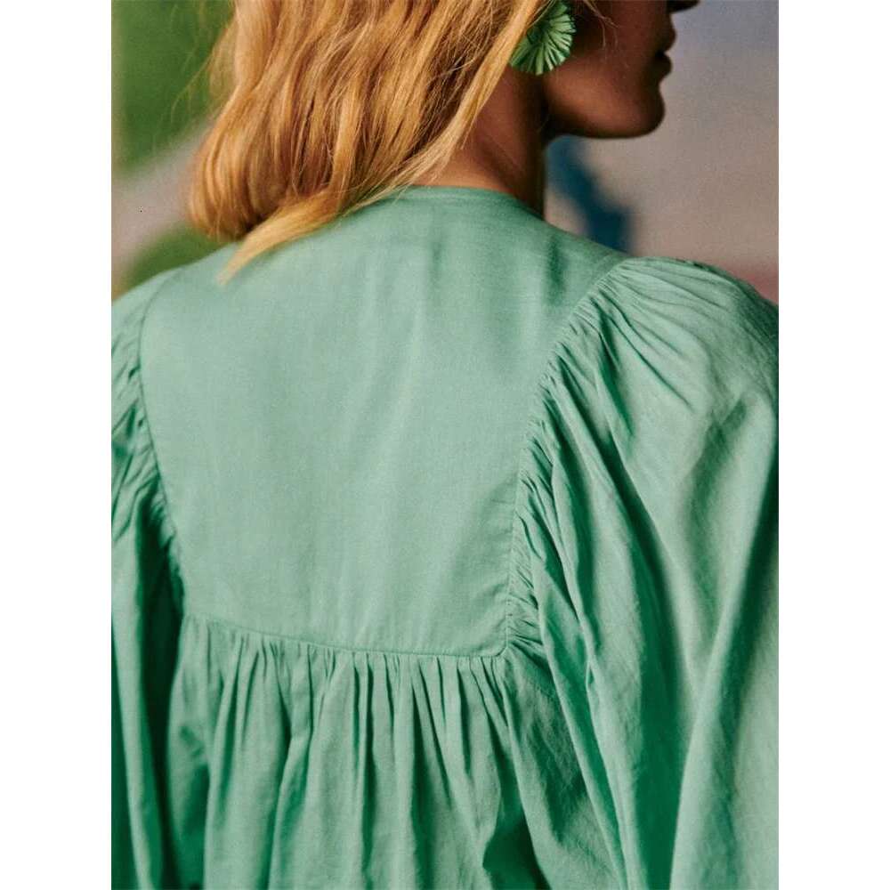 Autum 2025 New Women Lacce Trim Embroidery Hollow Out Blouse O-Neck Lantern Sleeve Ladies Half Buttons Sweet Elegant Shirt Top