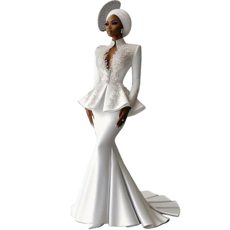 Stylish High Neck Mermaid Wedding Dresses Long Sleeves Lace Appliques Crystals Beaded White Bridal Gowns Ruffle White Satin Bride Reception Dress 2025