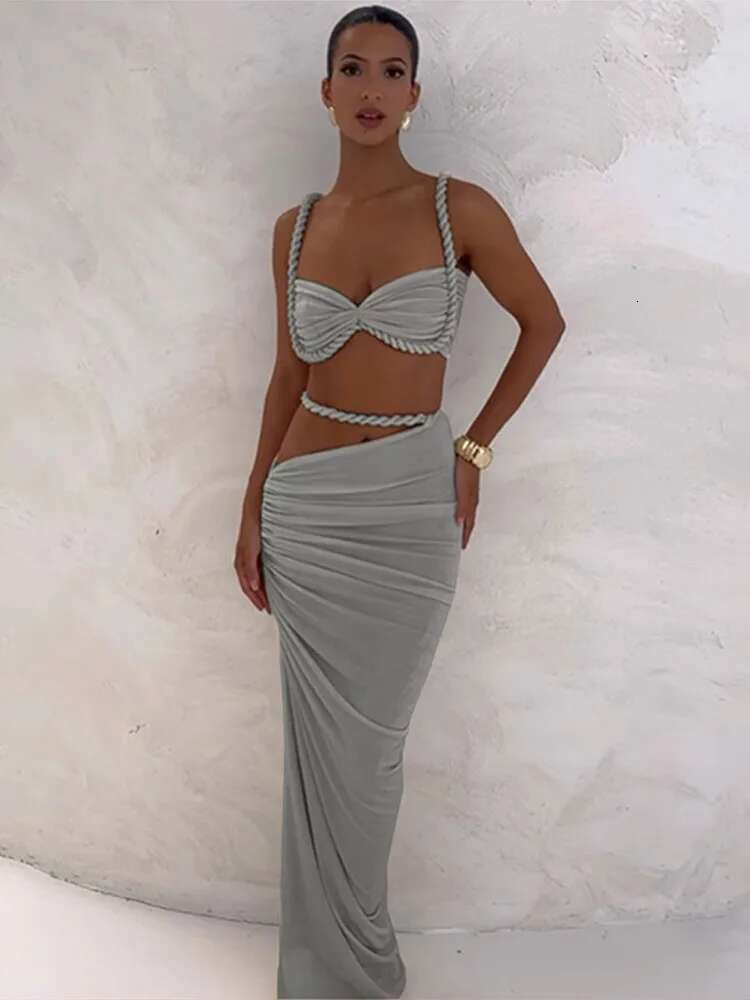 2025 New In Matching Sets Women Elegant Sleeveless Pleated Crop Tops Irregular Waist Long Skirt Vacation Beach Lady Suit Summer