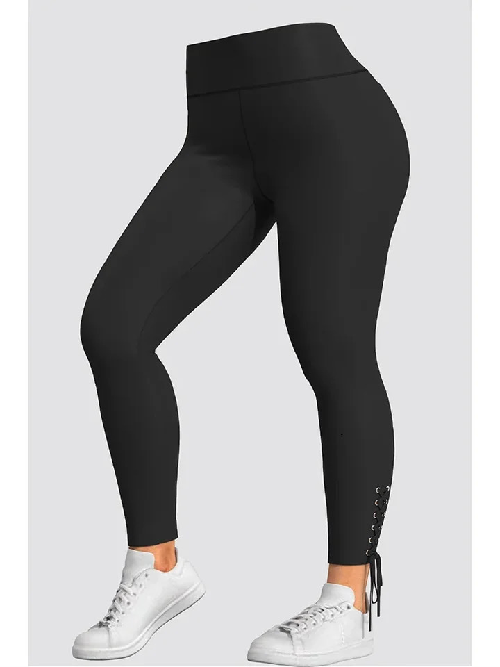 Plus Size Black Casual Leggings Pants with Lace Up Waist Clre Womens Slim TightFitting Elastic High Pencil Pant 250304