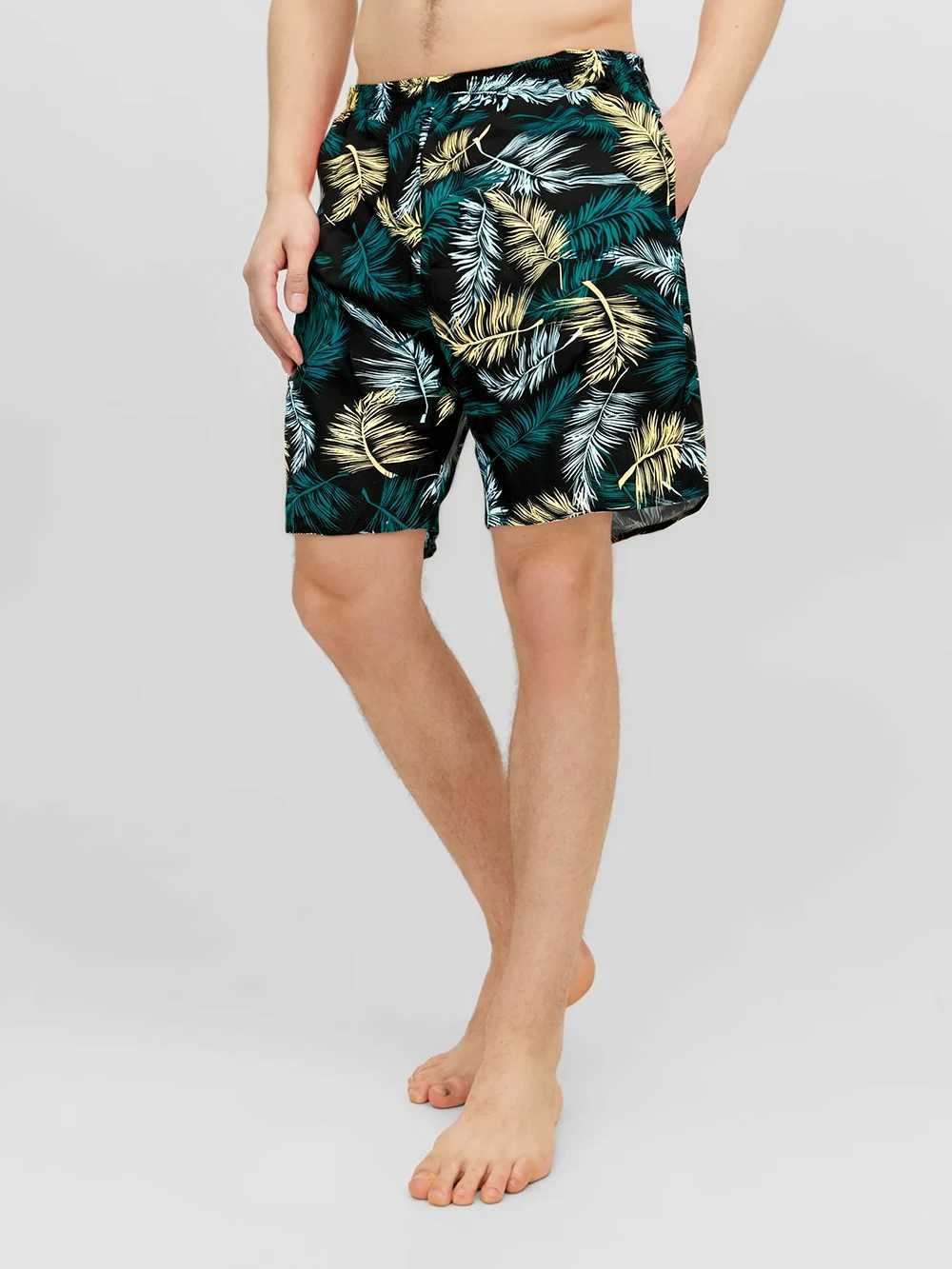 2025 Mens New Cotton Beach Casual Pants Leaf Pattern Printed Black Comfortable Casual Sexy Quick Dry Sports hurey boardshortsT250304