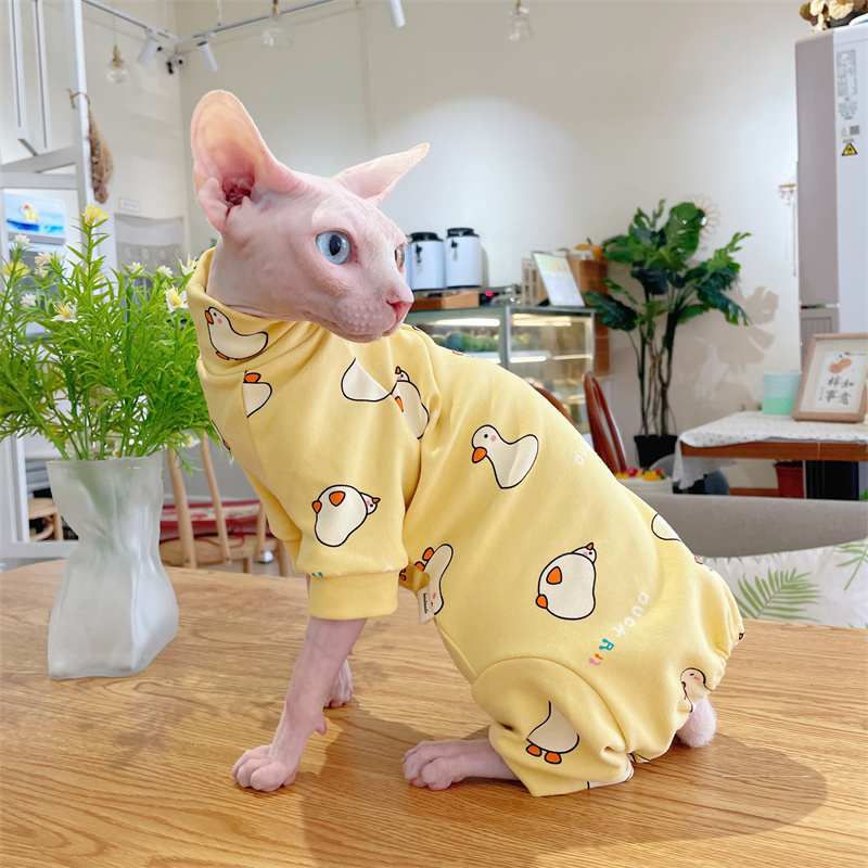 Cotton Cartoon Coat for Sphynx Cat in Spring Winter 4-legged Undershirt for Cats Cute Duck Puppy Panda Loungewear for Kittens