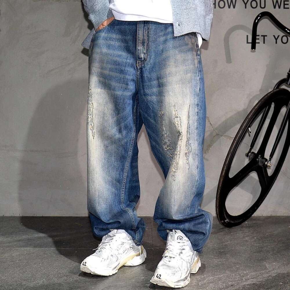 High Quality Fashion Distressed Scratch Ripped Baggy Jeans For Men Dirty Blue Denim Cargo Pants Streetwear Skateboard Trousers