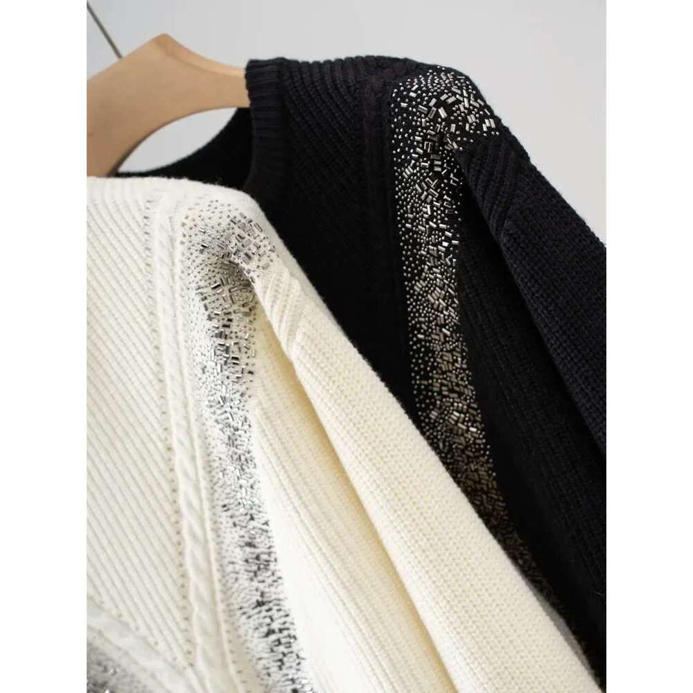Women Rhie Decoration Sweater 100% Wool Round Neck Fashion 2 Colors Female Long Sleeve Jumper 2025 Autumn Winter