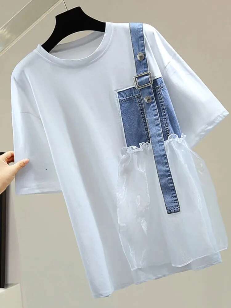 Spring Summer New Design Fashion Short Sleeve O-Neck T-Shirt Women's Denim Patchwork All-Match Black White Lades Tops