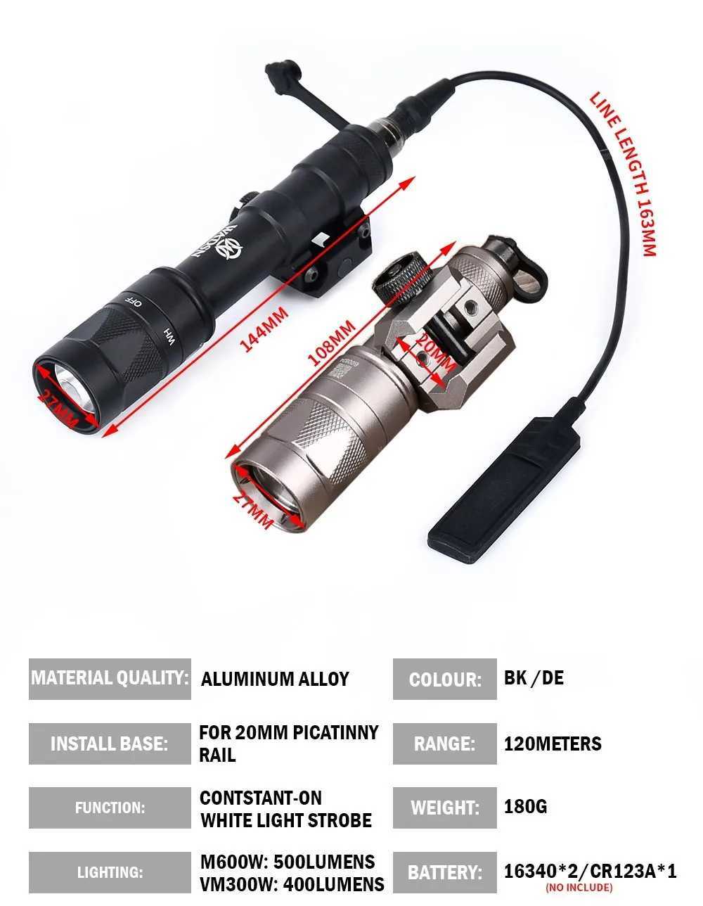 Wadson Metal M600W Tactical Weapon Light M300W Flash D White Light Hunting Rifle Flashlight Suitable for 20mm Picatinny RailXJ250303