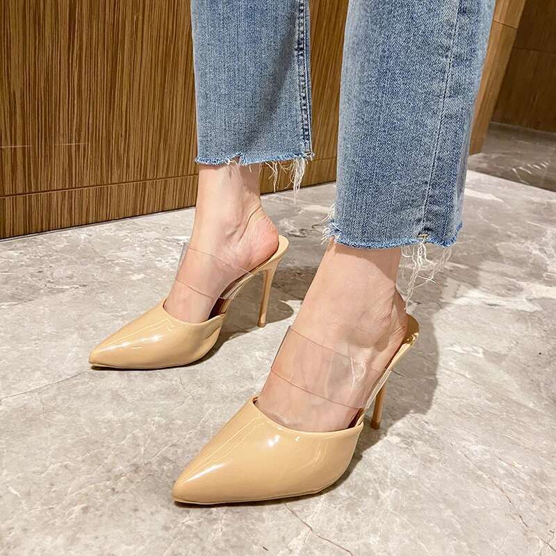 High Heel Pointed Toe High Heels Muller Slippers Women Summer Woman Fashion Metal Decoration Shallow Party Female Shoes
