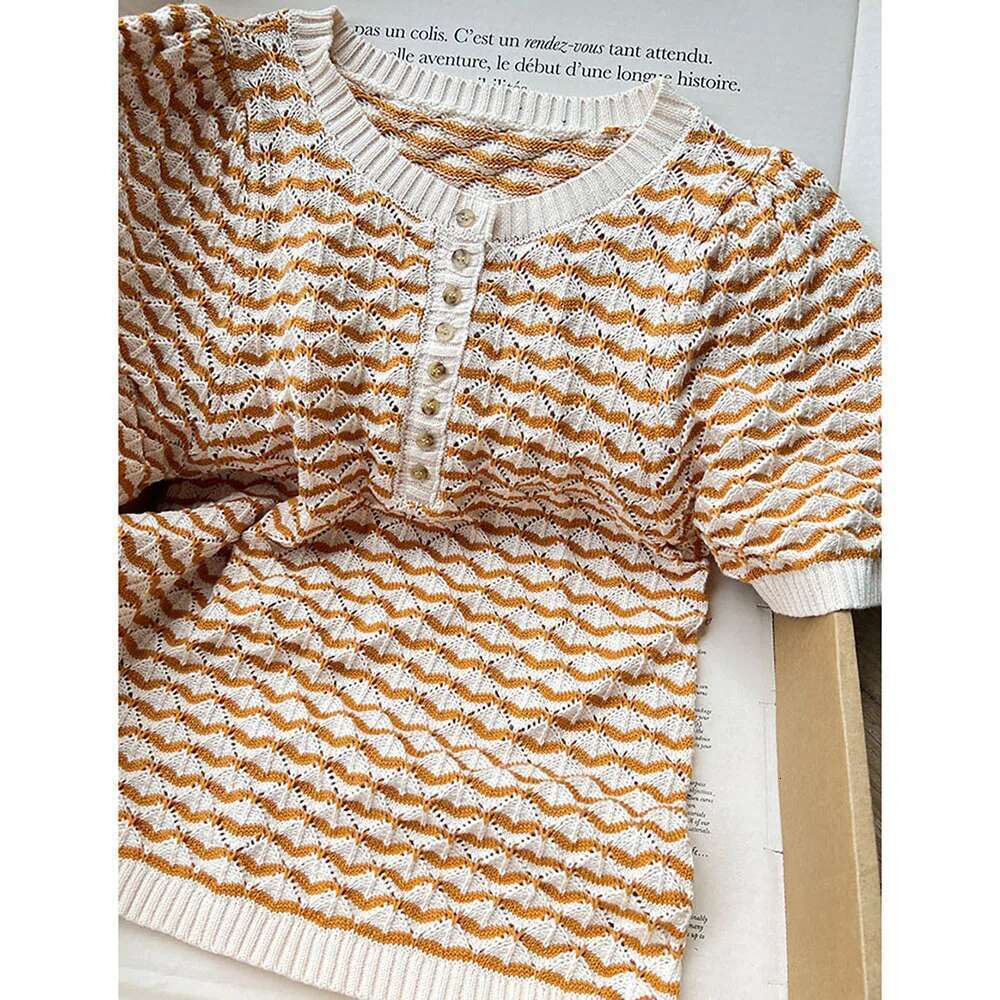 Stripe Hollow Out Knitting Women T-Shirt Summer O-Neck Short Sleeve Lady Pullover Casual Vintage Femme Top 2025