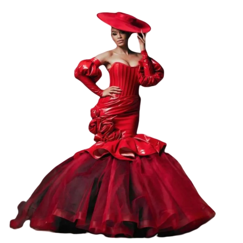 Vintage Red Mermaid Prom Dresses With Puff Long Sleeves Hand Made Flowers Ruched Long Evening Gowns Corset Back African Black Girls Formal Reception D