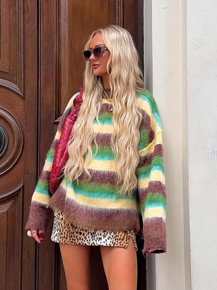 Women's Sweaters Loose Striped Mohair Sweater Jumper Women Long Sleeve O-neck Warm Pullover Top 2025 Spring Lady Colorful All-mach Knitwear