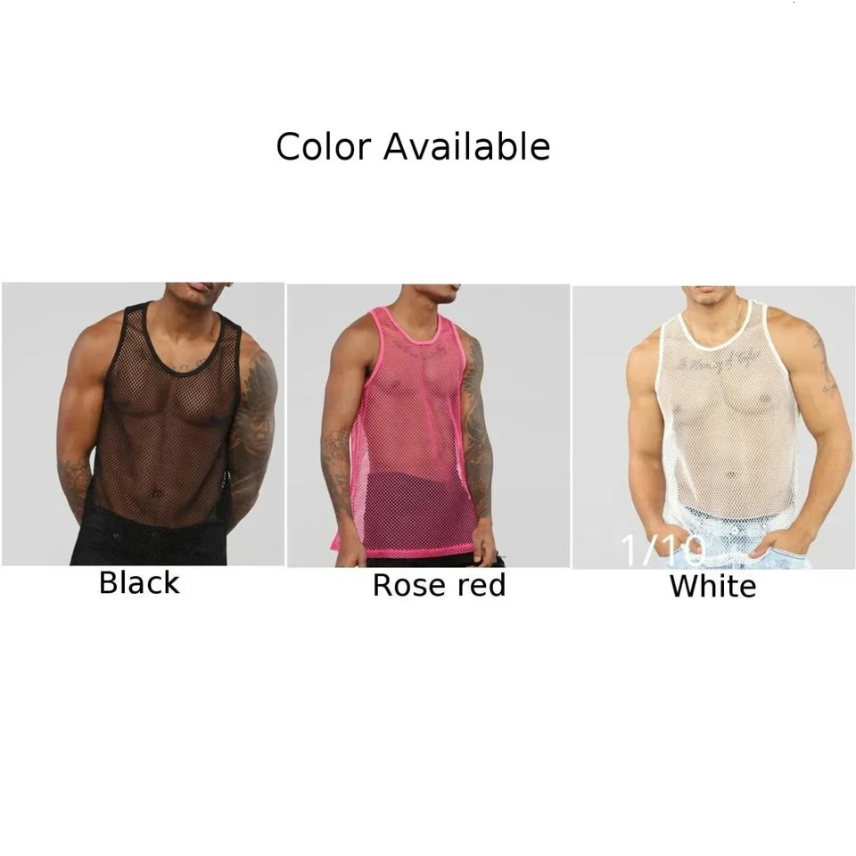 Tank Tops Vest Men O-neck Party Nightclub Wear Rose Red Black Fashion M-2XL Mesh Patchwork Sleeveless Streetwear 250304