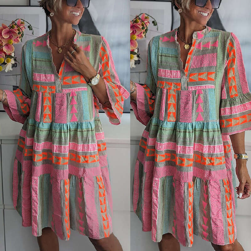 Women's European American autumn print V-neck seven quarter sleeve dress 2025 new style chic and elegant clothing
