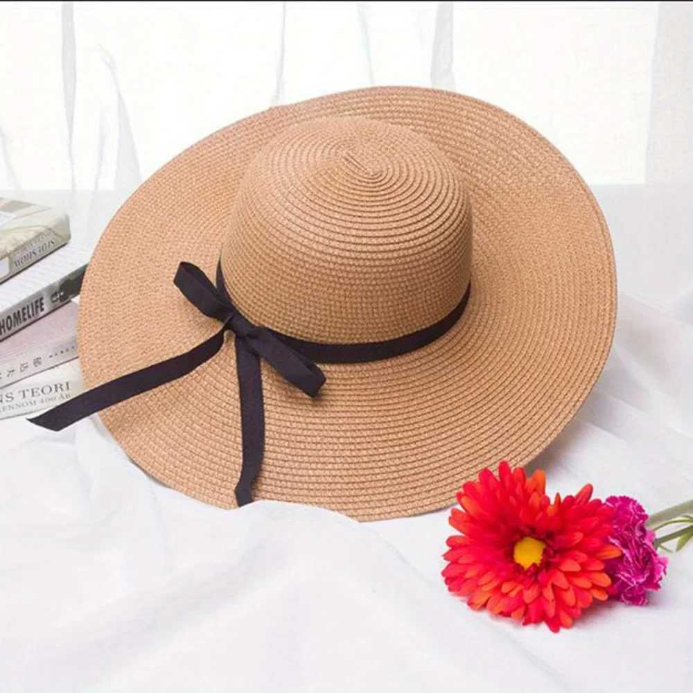 Large Eave Sunscreen Foldable Sun Hat Black Bow Tie Dge Beach Hat Outdoor Seaside Vacation Fashionable Beach Hat for WomanXJ250304