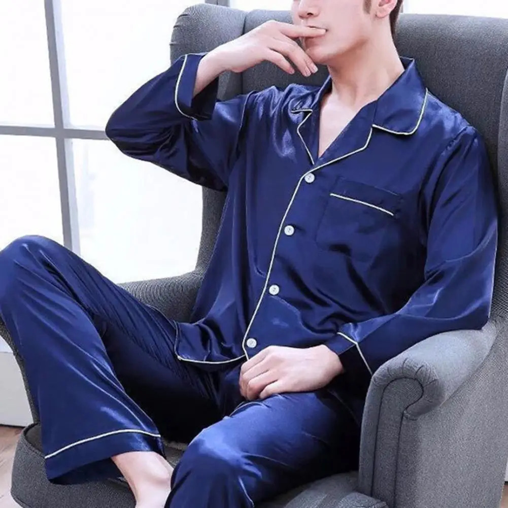 Ice Silk Pajamas Set Pullover Summer Long-sleeved Thin Silk Pajamas for Men Casual Homewear Suit Sleepwear Top Pants Clothing 250304