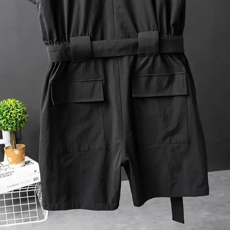 Black Casual Workwear Jumpsuits Men Korean High Street Youth Loose Fitting Short Sleeved Allinone Suit Safari Cargo Half Pants 250224