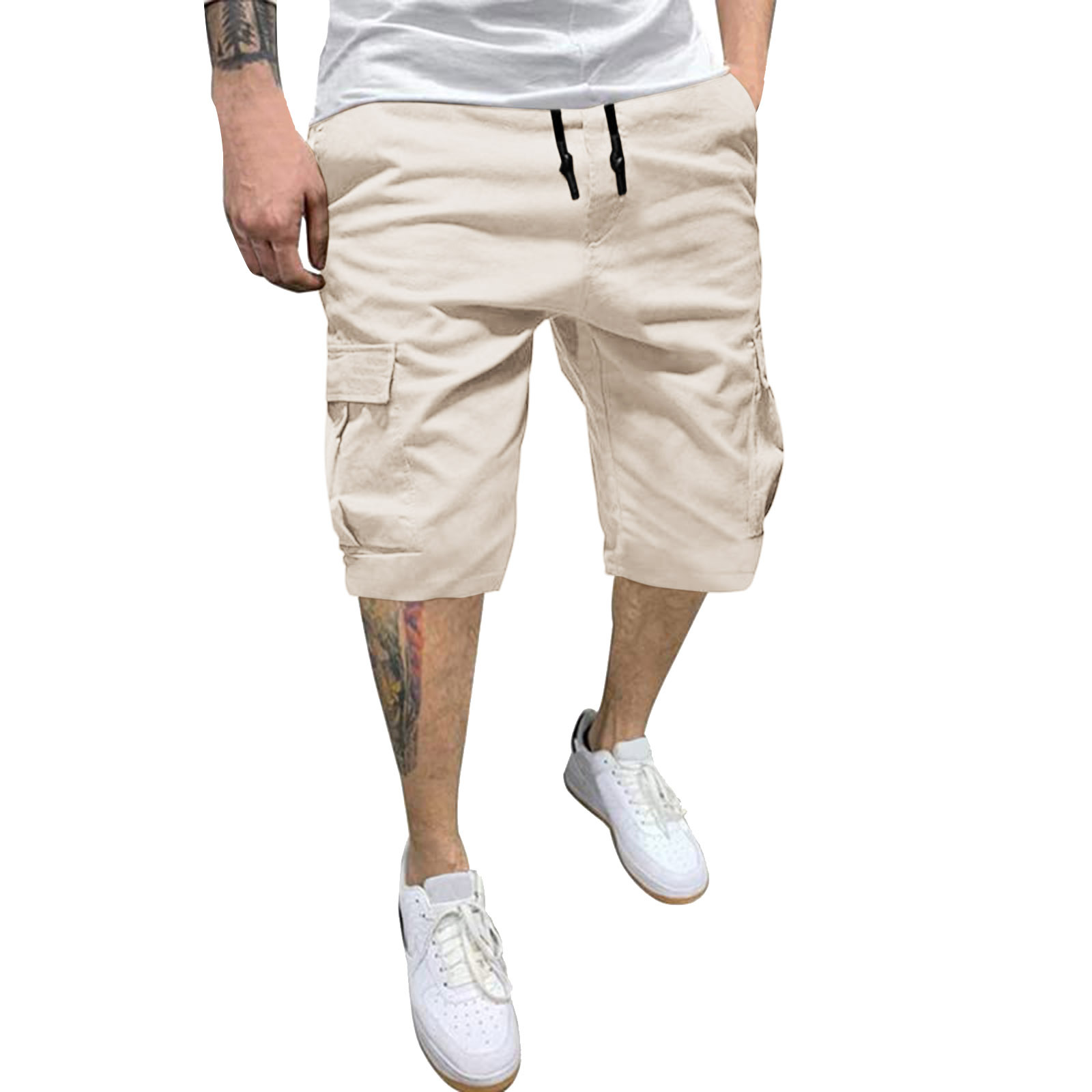 Men's Multi-Pockets Cargo Shorts Summer Fashion Solid Color Loose Casual Shorts Elastic High Waist Drawstring Bottoms Plus Size