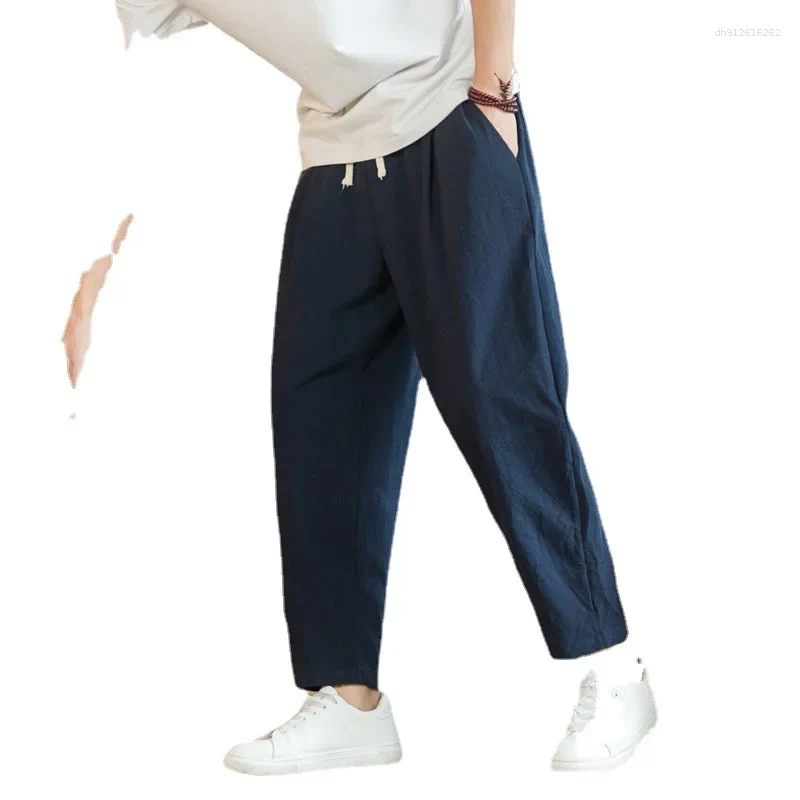 Men's Pants Casual Linen Summer Thin Style Chinese Flavor Cotton Trousers Loose Fit Plus Size Straight-Leg Cropped