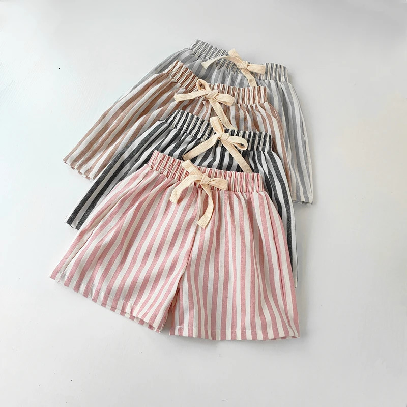 Childrens Clothing Linen Cotton Shorts Summer Girls Boys Stripe Pants Kids Baby Casual Vintage Loose Short Pant Girl Clothes 250304