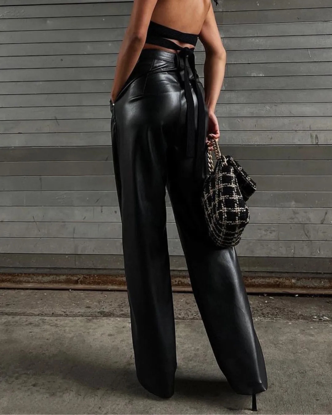 Trendy Women PU Leather Pants Cool Vintage High Waist Diagonal Pocket Straight Leg Street Party Trousers Mujer 250304