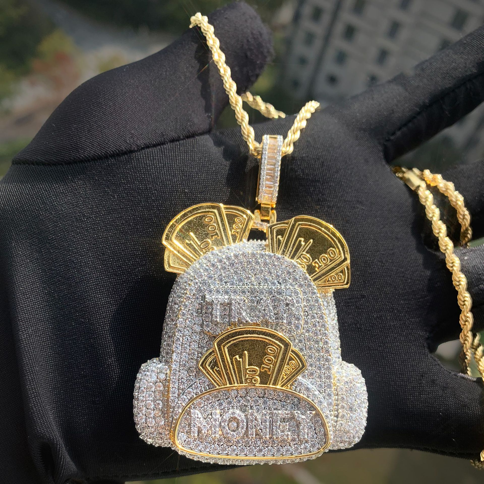 Hip Hop Originality Money Bag Pendant Necklace Bling 5A Zircon Gold Plated Mens Rap Jewelry